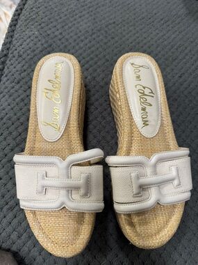 Sam Edelman Cream Leather Slide Mules with Woven Footbed